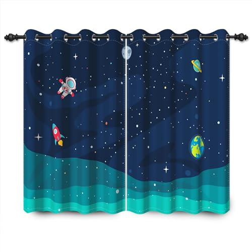YONGFOTO 117x229cm Karikatur Muster Vorhänge, Kühle Spaceman Rakete Planeten Sterne im Weltraum für Wohnzimmer Kinderzimmer Home Set, 2 Paneele mit Öse