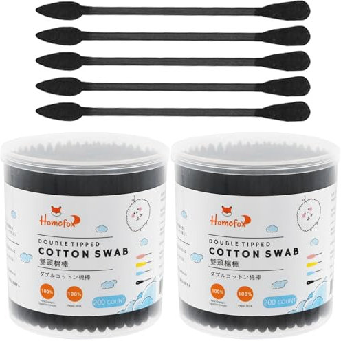 HOMEFOX Black Cotton Swabs Precision Pointed - 400 Count Organic Pointy Pointed Cotton Bud Double Side Tightly Wrapped Charcoal Cotton Tip Paper Stick Soft Gentle Cruelty-Free, Pointy & Round (Black)
