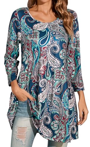 Enmain Tunic Tops for Women UK 3/4 Long Sleeve Tunics for Leggings Plus Size Round Neck Ladies Casual Loose Longline Top Teal Green Blouse T Shirt Paisley Patterned Swing T-Shirt S