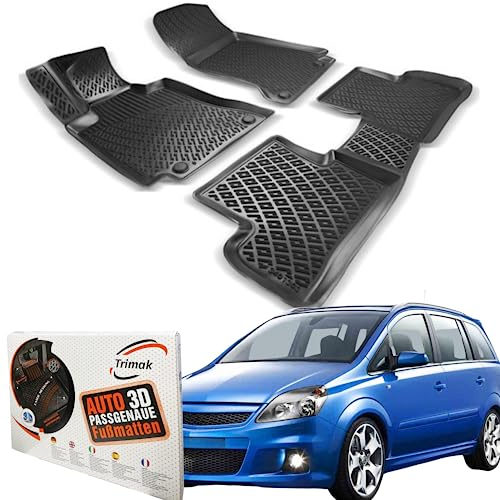 Trimak Passgenau 3D Fussmatten Auto Kompatibel mit Opel Zafira B 2005-2011 Auto Zubehör 1. Und 2. Reihe Gummimatten Autos TPE Allwetter Geruchlos rutschfest Vorne und Hinten Schwartz