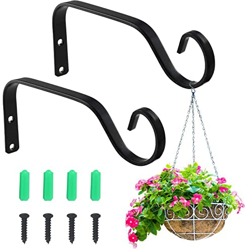 Jetisva 2pcs 7.3 Inch Wall Hanging Basket Bracket Outdoor Black Bird Feeder Bracket Heavy Duty Iron Fence Hooks Metal Plant Hanger Holder Indoor for Garden Flower Plant Pots Lantern Wind Chime