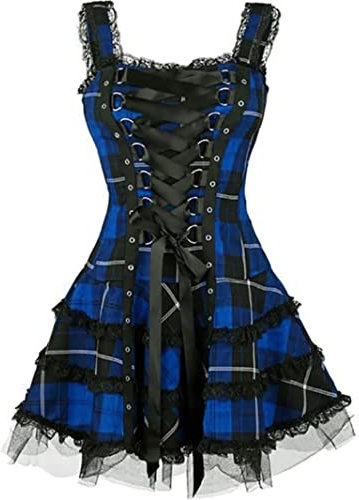 MENGQING Bandage à carreaux vintage gothique pour femmes Robe trapèze Grunge Esthétique Bordure en dentelle Patchwork Mini robe Punk Sexy Bleu 5XL