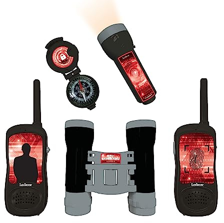 Lexibook Spy Mission - Set d'aventurier pour Enfants, Talkie-Walkies 120m, Jumelles, Boussole, Lampe Torche, RPTW12SPY Noir / Rouge