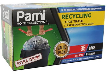 PAMI Lot de 35 grands sacs poubelle de cuisine avec cordon de serrage – Sacs poubelle en plastique extra résistants [transparent] – Sacs poubelle épais pour poubelles de cuisine et d'extérieur – Sacs