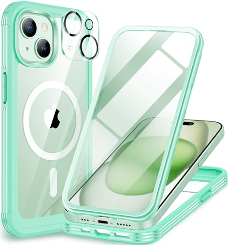 CENHUFO Magnetic Case Compatible with iPhone 15 Built-in Glass Screen Protector with Camera Lens Protector, 360°Full Body Heavy Duty Protective Phone Case for iPhone 15 Case Shockproof-Light Green