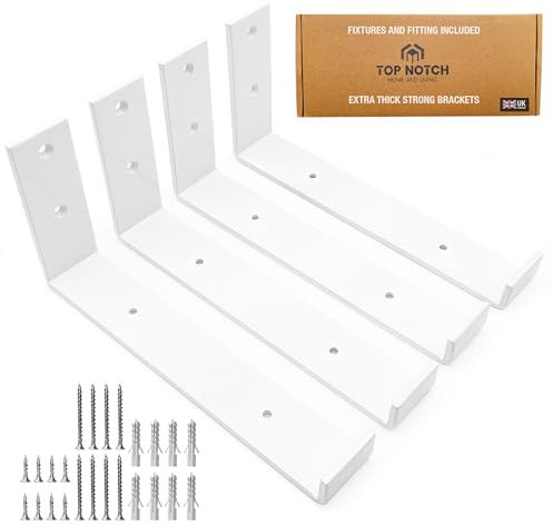 Top Notch Home and Living Heavy Duty Metal Shelf Brackets | Steel Bracket for Wooden Wall Shelves | Support 40kgs | Hardwearing | Incl Fixtures & Fittings (White, Pack of 4 Up Brackets)