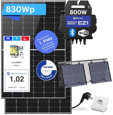 Balkonkraftwerk Komplettset mit Halterung - KLARBEIT | 2x Shingled Full Black 415w Solarpanel | 600W Wechselrichter | Balkon Mini Solaranlage 600W | Photovoltaik Komplettset