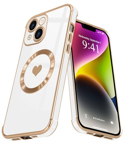 L-FADNUT Kompatibel mit iPhone 13 Hülle Kompatibel mit MagSafe Weiß | Glänzend Herzmuster Magnetisch Handyhülle Stoßfeste Kratzfest Silikon Schutzhülle