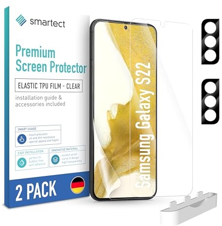 smartect TPU Schutzfolie [2 + 2 Stück] kompatibel mit Samsung Galaxy S22, DISPLAY + KAMERA, Bedeckt das ganze Display, Bildschirmschutz Blasenfrei, Displayschutzfolie Anti Fingerabdruck