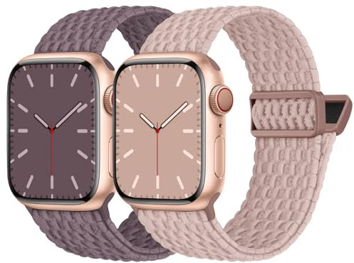 Nimblistic Kompatibel mit Apple Watch Armband Geflochten 42mm 41mm 40mm 38mm, Elastisches Nylon Stoff Band mit Magnetverschluss für Apple Watch 10 9 8 7 6 5 4 3 2 1 SE, Sand Rosa/Rauchlila