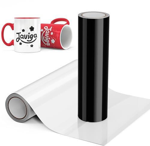 JAVIGA Vinylfolie Plotter 2 Rollen, Weiß & Schwarz 30,5 x 183 cm Glänzend Plotterfolie Vinyl für Cricut, Selbstklebendes Folie DIY-Basteldekorationen im Freien, Dekoration, Geburtstag