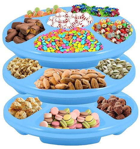 HOMESHOPA Plastic Compartment Trays, 3 Pack Lightweight Reusable Serving Platters for Parties, Compartment Appetizer Platter, Round Divided 6 Section Food Catering Trays for Snacks Fruits Nuts, Blue