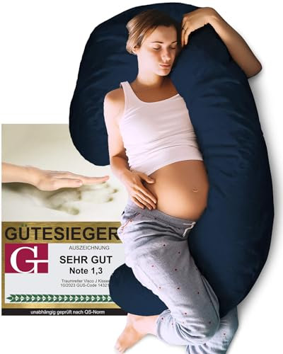 Traumreiter Seitenschläferkissen Visco J Form, L langes Wendekissen mit Memory Foam Stütze [orthopädisch] Schwangerschaftskissen zum Schlafen | Stillkissen XXL | Komfortkissen mit Bezug Blau Eco