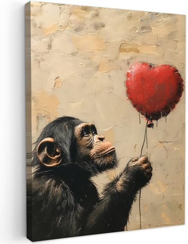 MuchoWow© Leinwand 30x40 cm Deko Schlafzimmer Aesthetic Leinwandbilder Wohnzimmer Gemälde Foto Geschenk Living Room Decoration Street art - Chimpanzee - Tiere - Ballon - Graffiti - Banksy