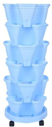 Macetero Vertical de 6 Niveles, Torre Apilable, Maceteros Verticales de Fresa, Maceteros Apilables para Hierbas Y Verduras con Ruedas Móviles, Maceteros de Jardín para Fresas, Flores, Hierbas,(Azul)
