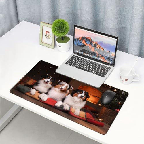 EYLOZS Alfombrilla de ratón extendida con Bordes cosidos,Raza de Perro Pastor Australiano Feliz año Nuevo Navidad,Base de Goma Antideslizante y Almohadilla para Teclado,40x75 cm