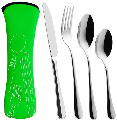 Cutlery Set-4 Pcs Travel Cutlery Set with Portable Pouch Case,Stainless Steel Knife and Fork Flatware Set Camping Utensil Set for Outdoor Travel Picnic Office School Lunch Box (Green)