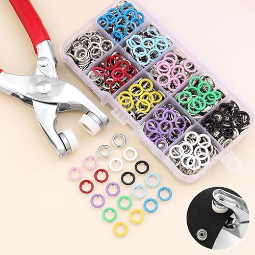 Pangogogo Druckknopf Set mit Zange - Einfach zu bedienen, kein Nähen erforderlich 9.5mm Druckknöpfe - 200Set Snaps in 10 Farben Druckknöpfe Ohne Nähen für Handnähen, Ausbessern und Dekorieren