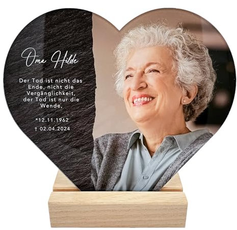 DEL MÀ Unique & Personal Andenken an verstorbene Menschen Trauergeschenk Gedenktafel Bild aus Acrylglas personalisiertes Geschenk für Trauernde Fotogeschenk inkl. Holzfuß 20x22 cm (Herz)