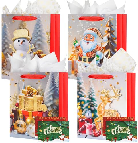 Lot de 4 Sacs Cadeaux de Noël Avec Anse, Papier de Soie et Cartes - Sacs en Papier pour Fête de Noël, Petit
