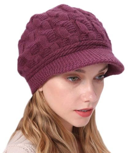 Beanie Hats for Women with Vior - Thermal Knitted Winter Hat Fleece Lined Ladies Beret Hat Warm Knitted Wool Hat Crochet UK (UK, Alpha, One Size, Rose Red)