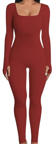 OYIGELZ Yoga Jumpsuit Damen Einteiligem Gerippte Strick Langarm Sport Workout jumpsuits Hosenanzug Trainingsanzug Eckigem Ausschnitt Figurbetontem Kuscheliger Overall(WeinRot-J,XXL)