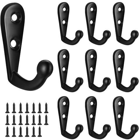 Lot de 10 crochets noirs à une griffe pour peignoir, crochets muraux pour accrocher des manteaux avec vis, crochets de porte en métal pour accrocher serviettes, peignoirs, chapeaux, clés, parapluies