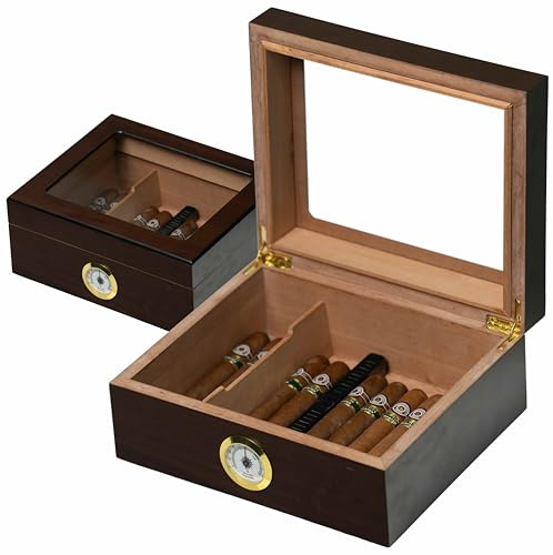 VINCURILUX Handgefertigter Humidor aus spanischem Zedernholz mit Trennwand, Zedernspäne, Luftbefeuchter, Hygrometer und Zigarrenfüßen, luxuriöse Geschenke für Humidor (30-50 Zigarren)