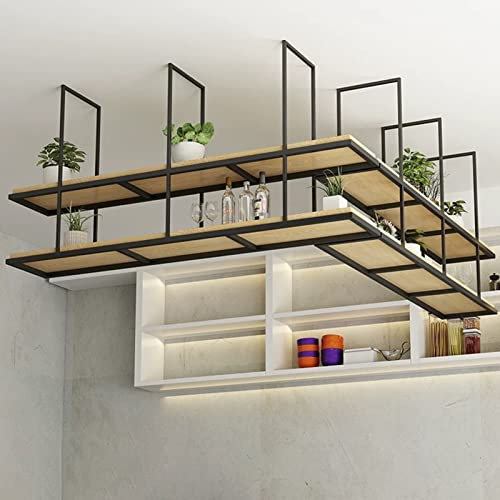 Wooden Wall Mounted Wine Rack with Wrought Iron Frame Ceiling Wine Racks for Kitchen Bar Display Hanging Storage Shelf for Pot Bowl Plate Solid Wood Planks 80/90/100/120/140/150cm.