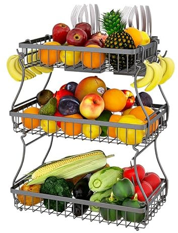 Foeska 3 Tier Fruit Basket with Banana Hangers, Fruit Baskets for Kitchens, Easy Installation, Detachable - Ideal Fruit Bowl and Vegetable Rack, Fruit Bowl with Banana Hanger (Black, 3 Tier)