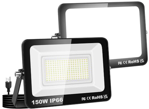Willpower 2PCS Projecteurs LED Extérieur Avec Prise, Spot LED 150W 15000LM, 6000K Blanc Froid, IP66 Etanche Eclairage Lumière de Sécurité pour Jardin Patio Garage Terrasse Maison