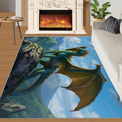 SANSJI Grüner Drachen-Teppich für Schlafzimmer, magisches Wildtier-Design, für Jugendliche, weiche und widerstandsfähige Bodendekoration, 150 x 180 cm