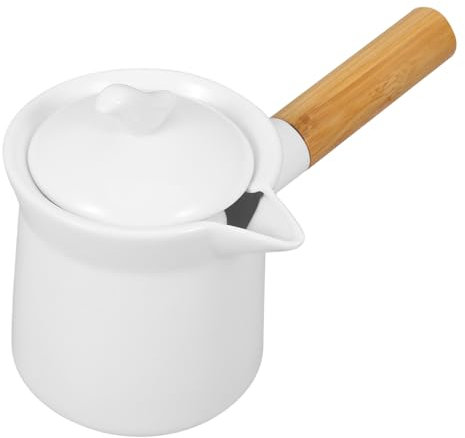 GALPADA Mini Casserole à Lait En Céramique Blanche 350 Ml Poignée En Bois, Pot à Lait Ménager Anti-brûlure, Chauffe-beurre Pratique Cuisine Domestique Et Service