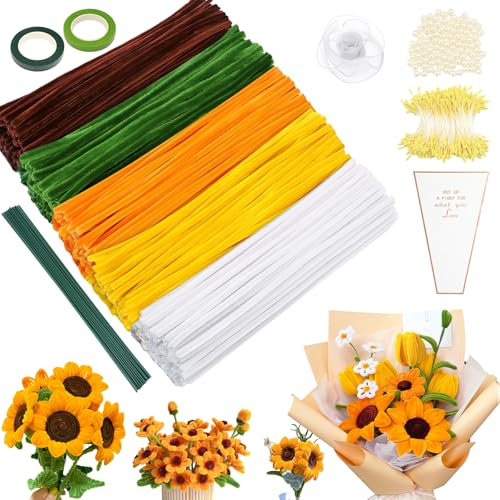 Epaing Pfeifenreiniger zum Basteln Gelb, 500 Stück 5 Farben Pipe Cleaner Flower Set, mit Staubgefäße, Blütenstiel, Nicht Porösen Perlen, Klebeband, Fischschwanzgarn und Blumentasche, Blumen DIY