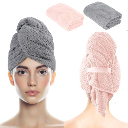 Neerow 2 Stück Mikrofaser Handtuch Haare, 100 x 60 cm Haarturban Super Saugfähig, Haarhandtuch mit Elastischem Band für Damen Kinder Lange Haar Schnell Trocknend (Grau, Rosa)