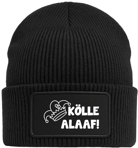 Huuraa Beanie Kölle Alaaf Narrenkappe Geschenk | Black Geschenkidee Schwarze Rippstrick Wintermütze mit austauschbarem Klett Patch
