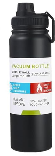 800ml Insulated Water Bottles with Wide Mouth,Stainless Steel Metal Bottle with Leak Proof Lids - Great for Work, Travel/Men, Women-Black