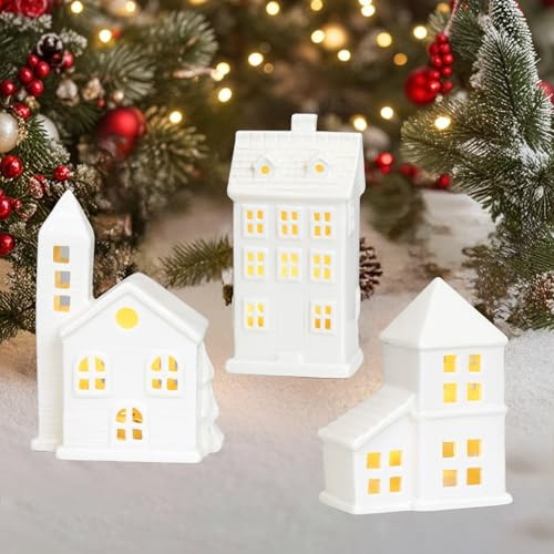 Tulov 3 Stück Weihnachtsdeko Weihnachtsdorf,LED Weihnachten Weisse Häuser Nachtlicht,Led Lichthaus Weihnachten,weißes Keramik Weihnachtsdorfhaus,Porzellan LED Haus,Weihnachtshäuser Deko