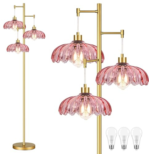 AHDWDW Gold Living Room Floor Lamp, Modern Floor Lamps with Unique Pink Glass Shades, 3 Mid Century Lights, Vintage Floor Lamp with Tree Flowers for