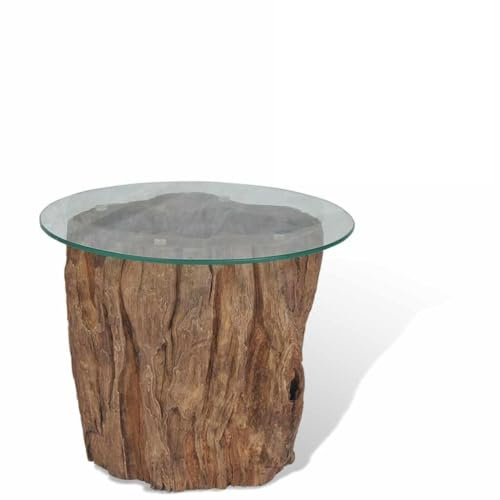 YuuSsea Couchtisch Teakholz Massiv, Rund, 50x40 cm, Glasplatte, Baumstamm-Stil, Braun, Beistelltisch für Wohnzimmer, einzigartiges Design, langlebig, einfache Montage