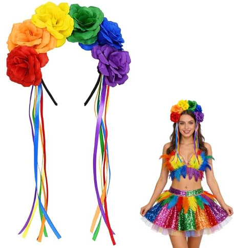 Gleemix Regenbogen Haarreif Damen für Pride Month, Blumen Haarreif Regenbogen, Pride Accessoires mit Lange Bunte Bänder, Bunt Kopfbedeckung Fasching für Cosplay, Party