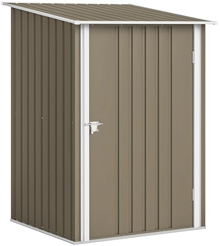 Outsunny Caseta de jardín de 0,92 m² de acero galvanizado, cobertizo para herramientas con puerta batiente bloqueable, techo inclinado, 100 x 104 x 160 cm, marrón y blanco