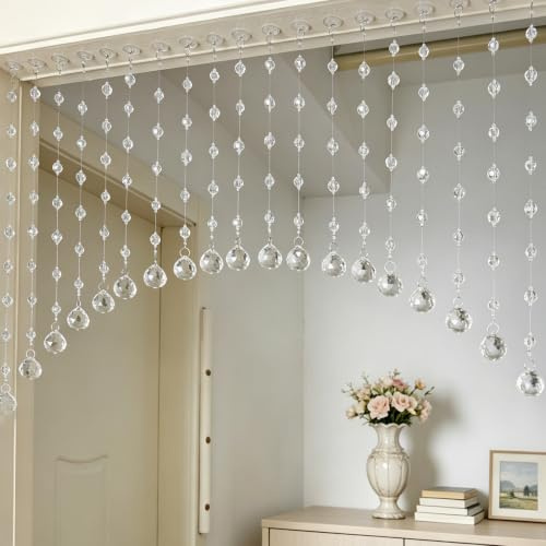 Kristall Perlenvorhang, 20 Schnüre Bogen-Design, selbstklebend & ohne Bohren – Hängender Perlenvorhang als Raumteiler für Tür, Schlafzimmer, Fenster und Wohnzimmer