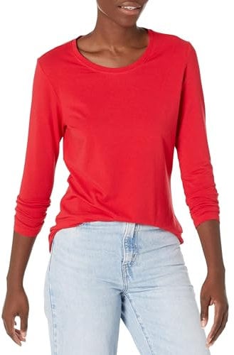 Amazon Essentials Women's Regular-Fit Long-Sleeve Crewneck T-Shirt (Available in Plus Size), Cherry Red, L