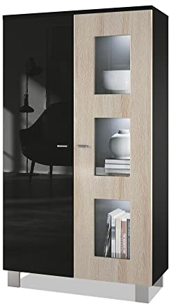 Vladon Vitrine Denjo, Made in Germany, Standvitrine mit 2 Türen und 3 Glaseinsätzen, Schwarz matt/Schwarz Hochglanz/Eiche Sägerau, inkl. LED-Beleuchtung (71 x 129 x 35 cm)