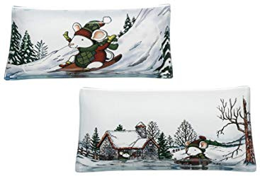 Sullivans G8181 - Set di 2 piatti decorativi rettangolari, motivo: topolino su slitta, in vetro, colore: Bianco