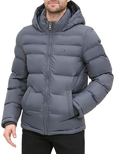 Tommy Hilfiger Herren Hooded Puffer Jacket Daunenalternativer Mantel, Dunkelgrau, L
