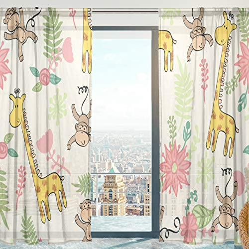 Mnsruu Fenstervorhänge, Affe Giraffe Weicher Tüll Voile Vorhänge für Wohnzimmer Schlafzimmer Kinderzimmer 140 x 213 cm, 2 Panels