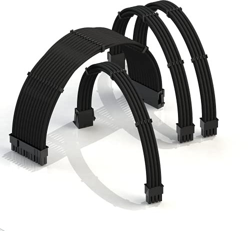 LINKUP - AVA 30cm PSU Cable Extension Sleeved Custom Mod GPU PC Braided w/Comb Kit | 1 x 24 P (20+4) | 1 x 8 P (4+4) CPU | 2 x 8 P (6+2) GPU set | 300mm - Black