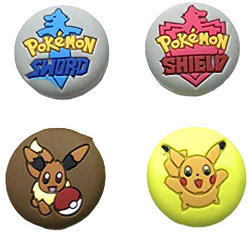 Pokemon - Eve, Pikachu, Sword & Shield - Pack of 4 Thumb Grips - For Nintendo Switch Joy-Con / Switch Lite - Rubber Silicone Protective Covers